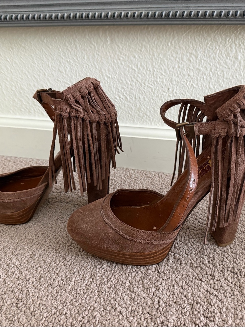 7 For All Mankind Brown Suede Fringe Platform Heels